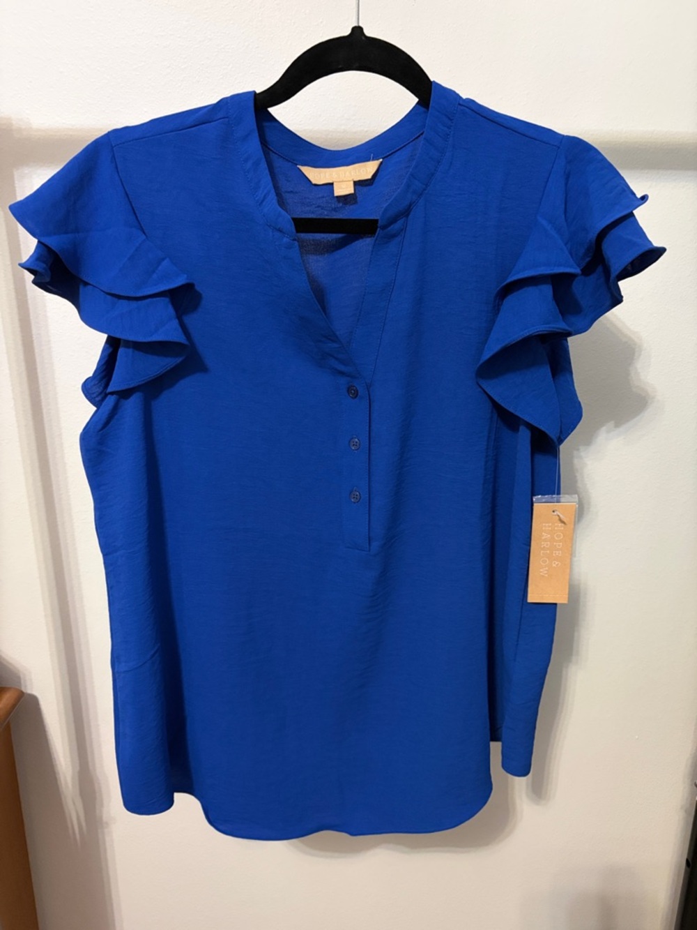 Hope & Harlow Cobalt Blue Ruffle flutter Sleeve button (w/spare) V-Neck Blouse